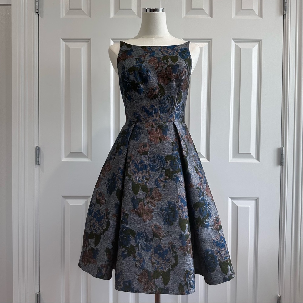 Gal Meets Glam Blue Dark Rose Gold Pleated Spaghetti Strap Cocktail Dress Size 0 - Picture 2 of 12